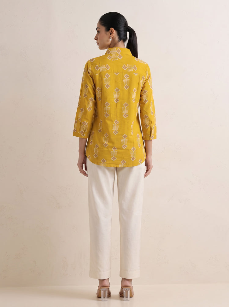 Mustard Geometric Motif Pure Cotton Short Kurti