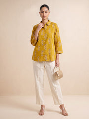 Mustard Geometric Motif Pure Cotton Short Kurti