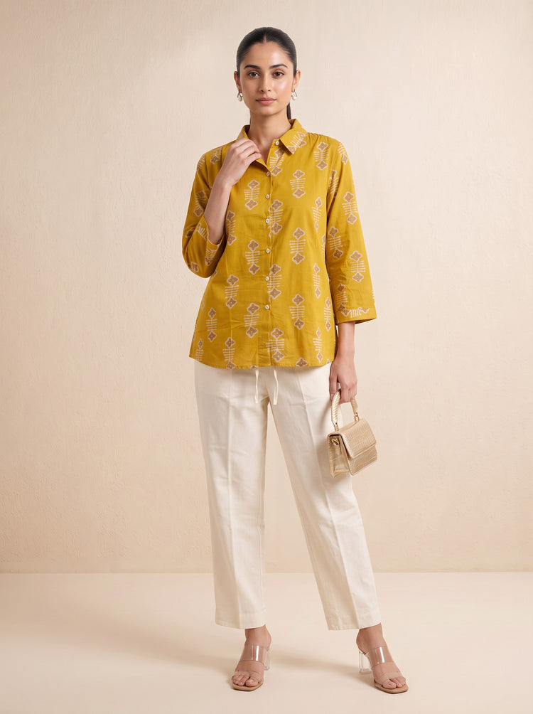 Mustard Geometric Motif Pure Cotton Short Kurti