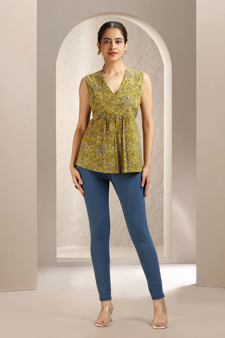 Mustard Jaipuri Cotton Printed Short kurta