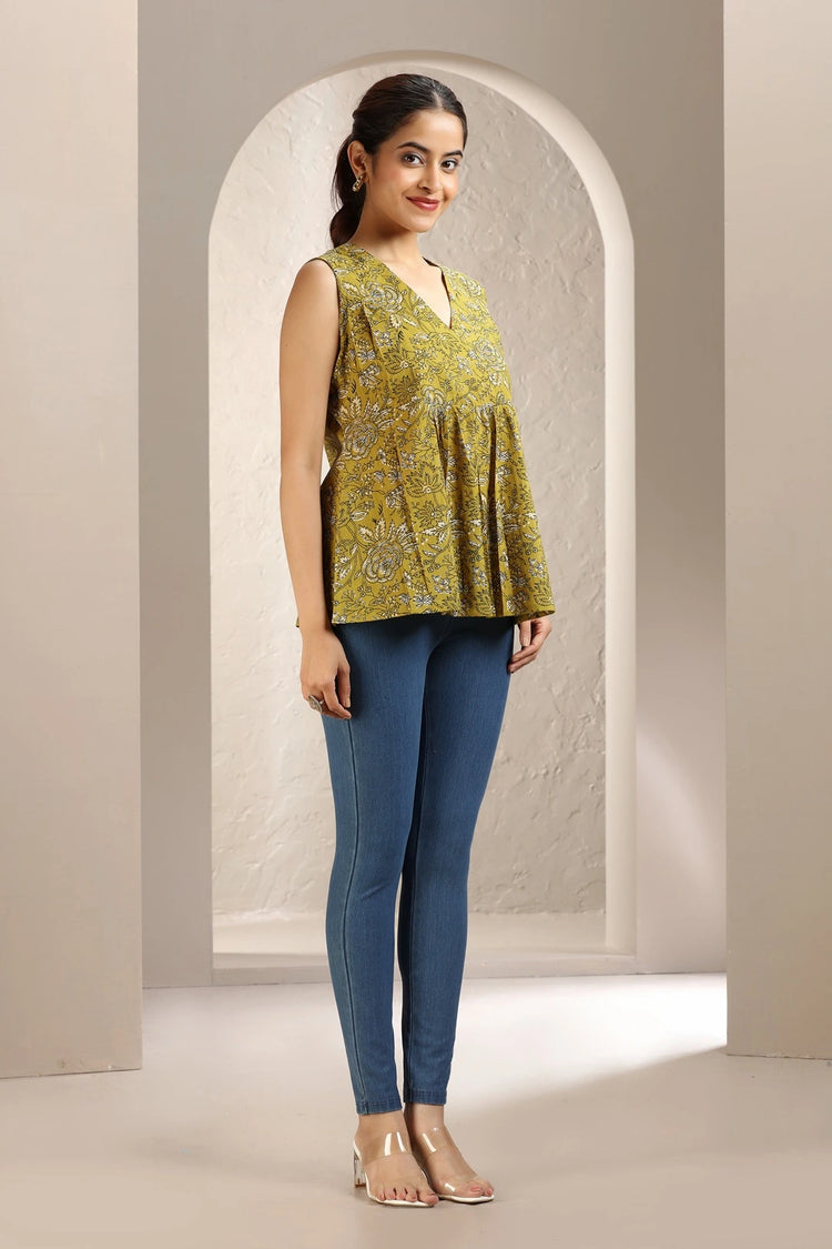 Mustard Jaipuri Cotton Printed Short kurta