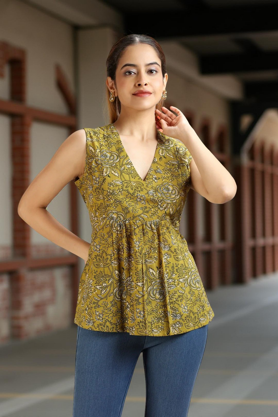 Mustard Jaipuri Cotton Printed Short kurta