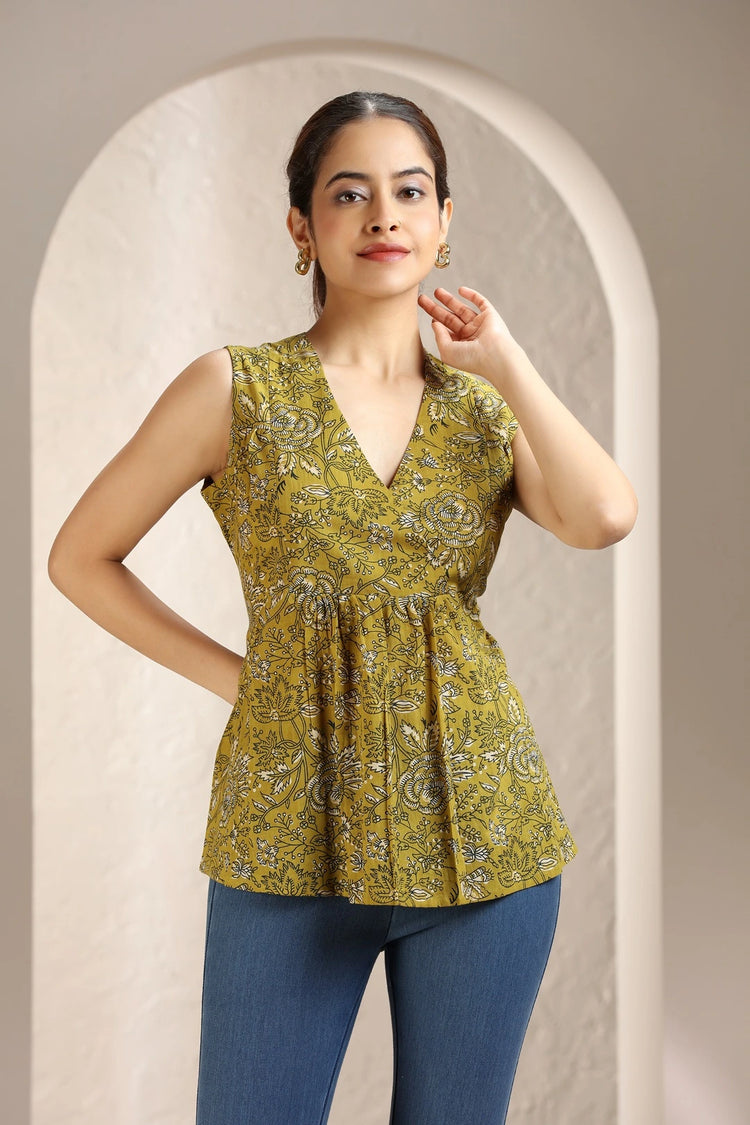 Mustard Jaipuri Cotton Printed Short kurta