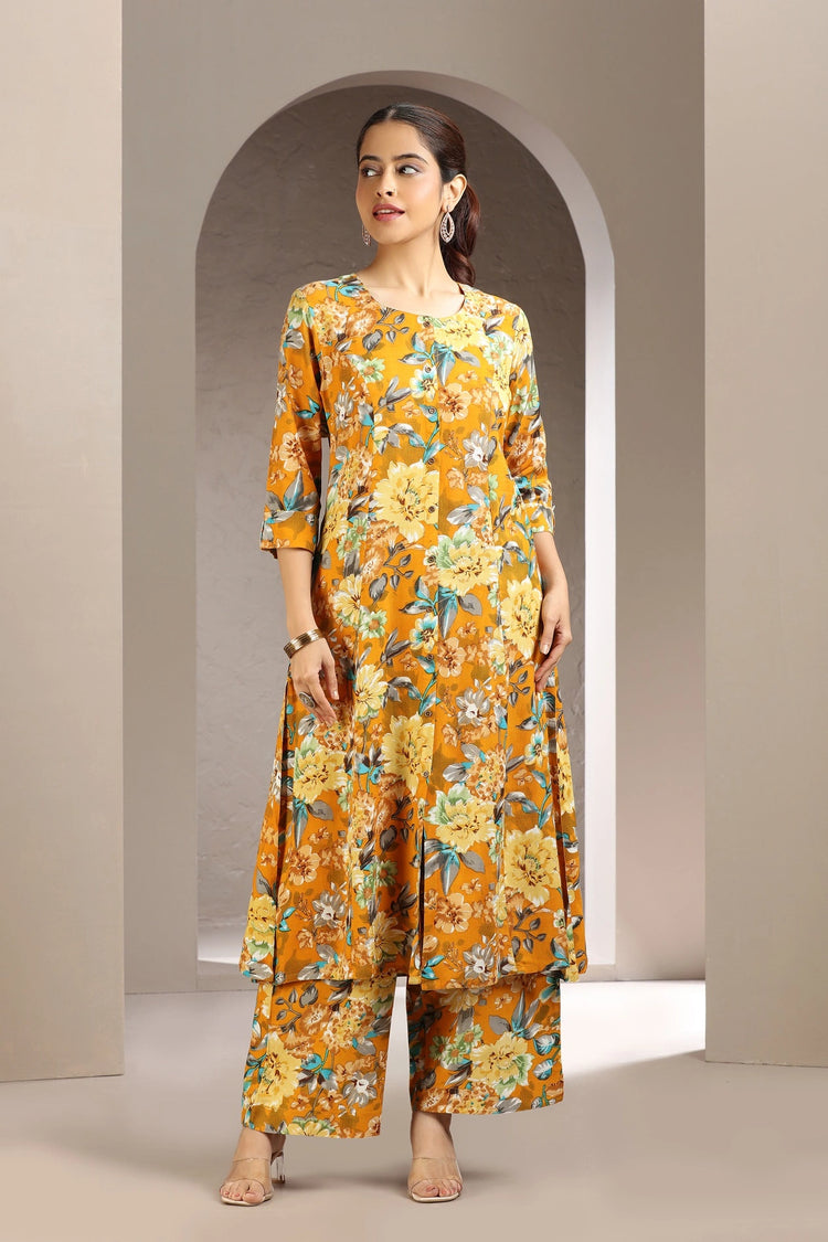 Mustard Rayon Printed Straight Kurta and Pant Set