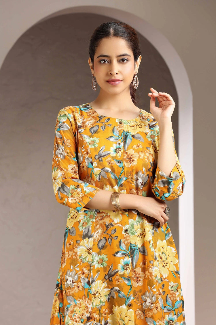 Mustard Rayon Printed Straight Kurta and Pant Set