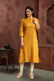 Mustard Roman Silk Straight Printed Kurta