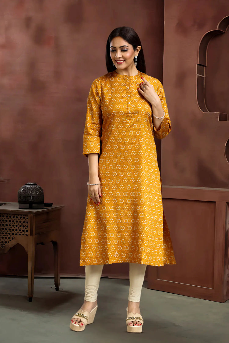 Mustard Roman Silk Straight Printed Kurta