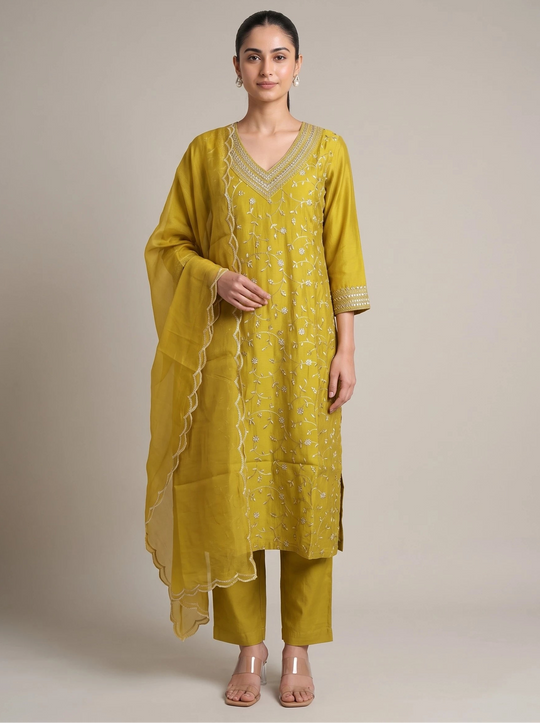 Mustard A-Line Resham Embroidered Kurta Pant & Dupatta Ethnic Set