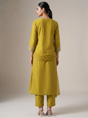 Close-up of embroidered yoke on mustard ethnic kurta set