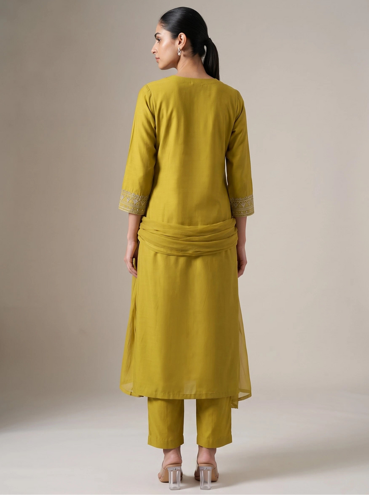 Close-up of embroidered yoke on mustard ethnic kurta set