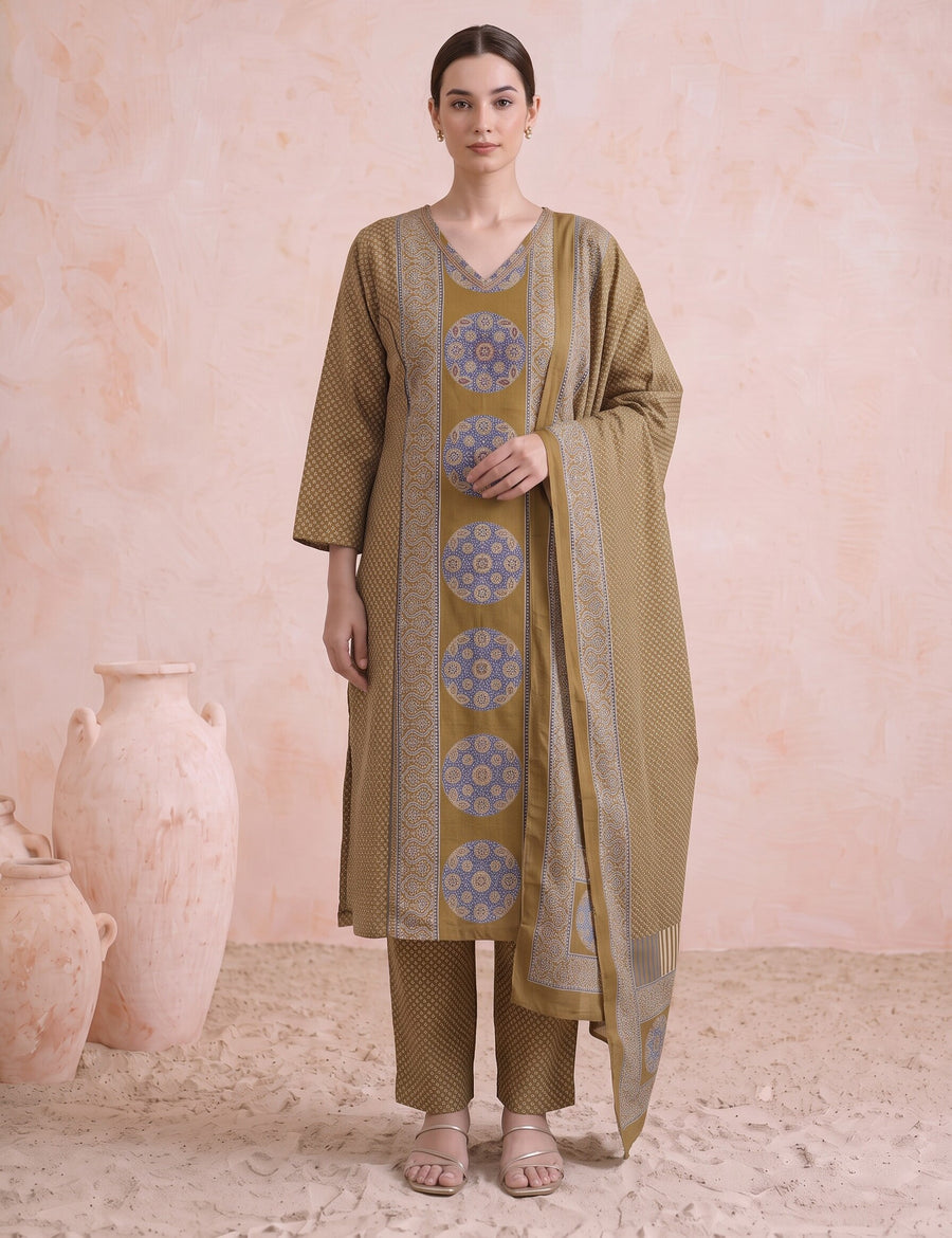 Mustard Cotton Printed Kurta Pant & Dupatta Ethnic Set