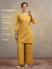 Mustard Floral Embroidered Pure Cotton Straight Kurta & Wide-Leg Pants Co-Ord Set