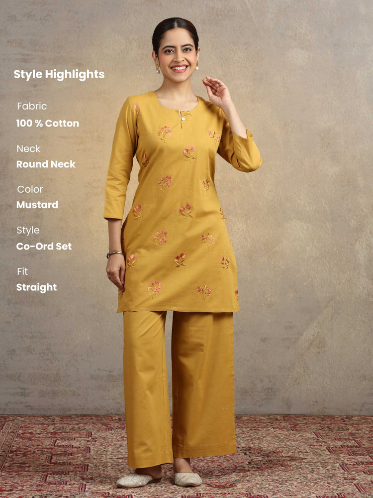 Mustard Floral Embroidered Pure Cotton Straight Kurta & Wide-Leg Pants Co-Ord Set