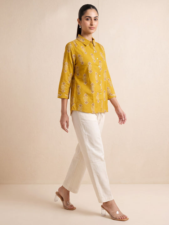 Mustard Geometric Motif Pure Cotton Short Kurti