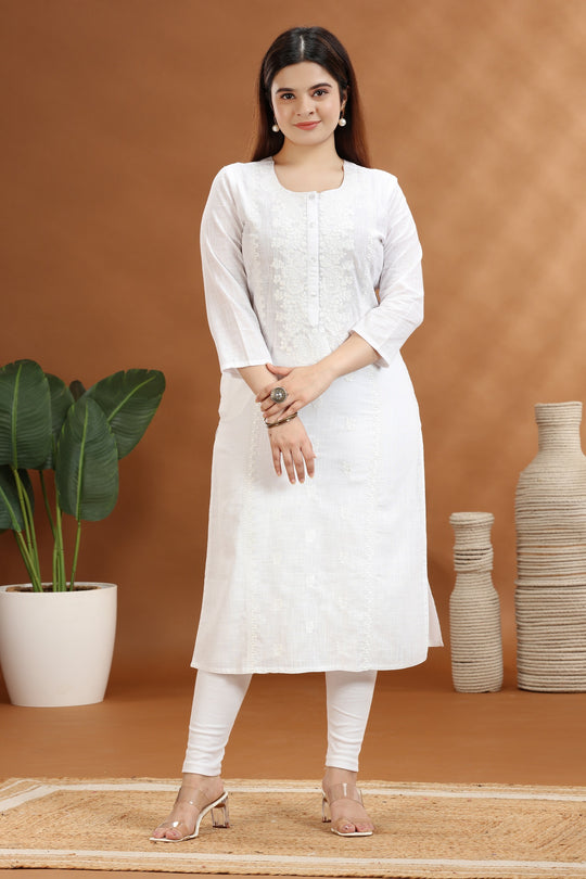 White Flex Cotton Straight Embroidered Kurta for ladies and girl