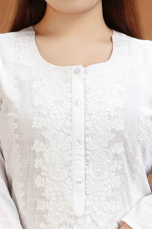 White Flex Cotton Straight Embroidered Kurta for ladies and girl