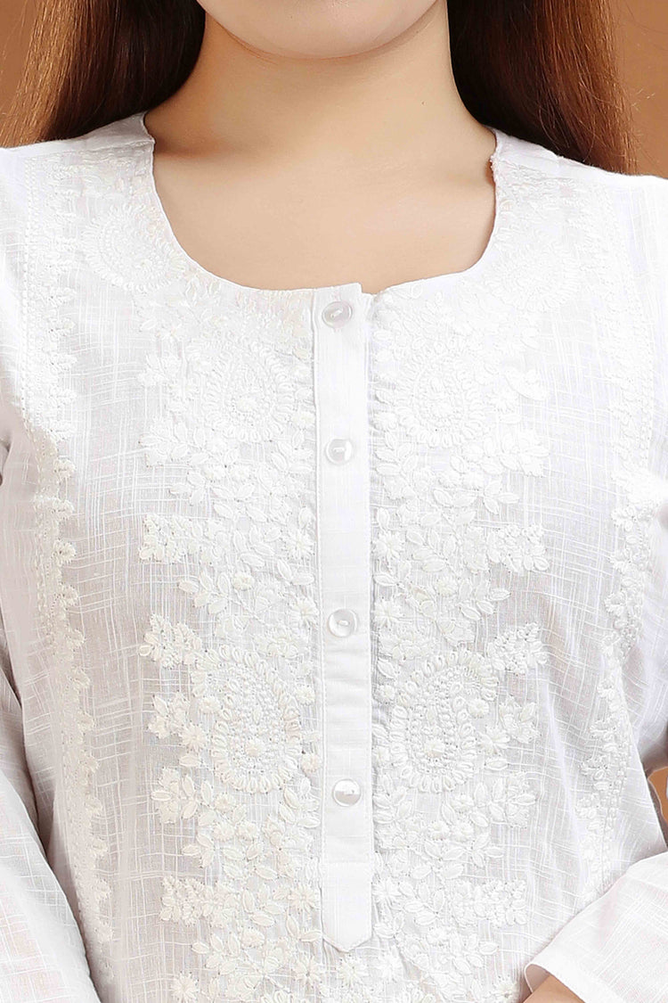White Flex Cotton Straight Embroidered Kurta for ladies and girl