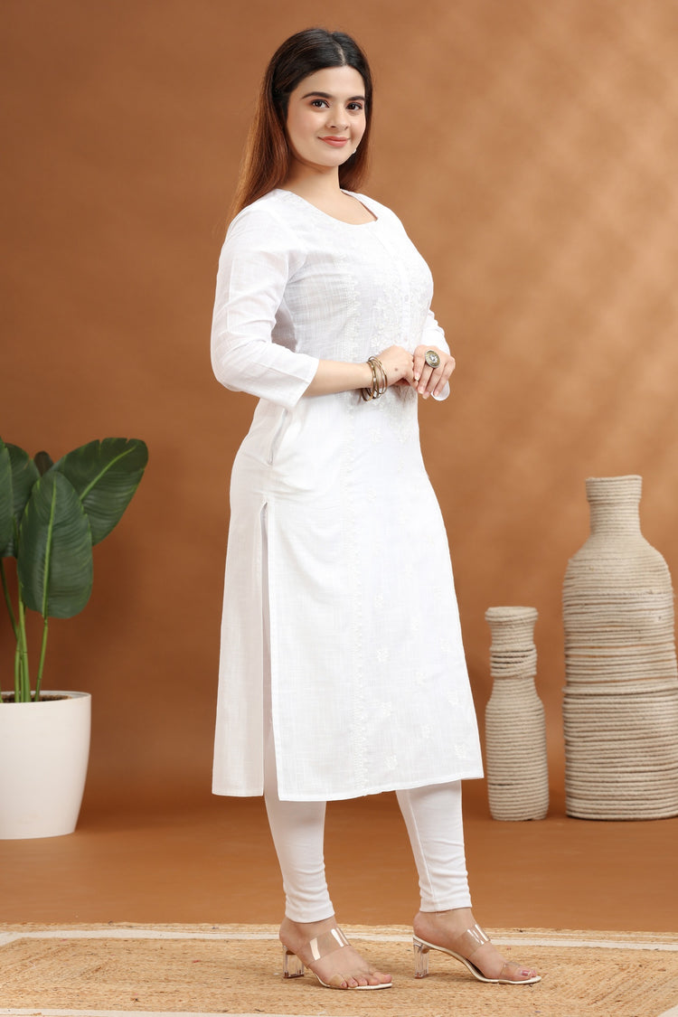 White Flex Cotton Straight Embroidered Kurta for ladies and girl