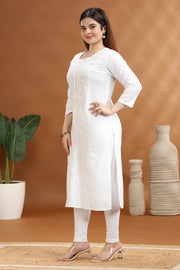 White Flex Cotton Straight Embroidered Kurta for ladies and girl