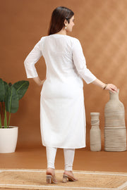 White Flex Cotton Straight Embroidered Kurta for ladies and girl