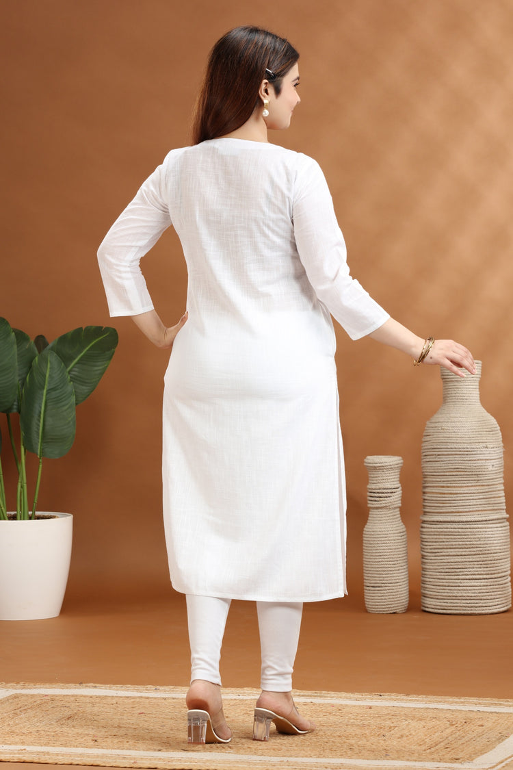 White Flex Cotton Straight Embroidered Kurta for ladies and girl