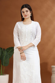 White Flex Cotton Straight Embroidered Kurta for ladies and girl