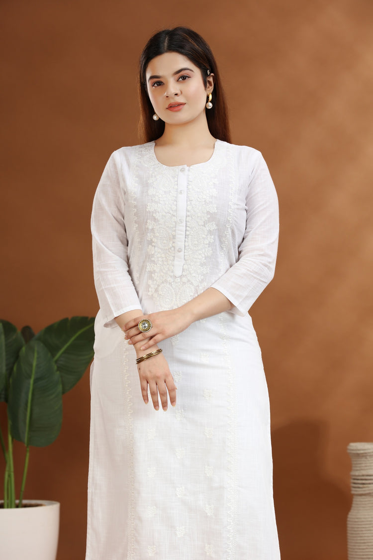 White Flex Cotton Straight Embroidered Kurta for ladies and girl