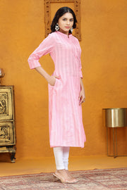 Baby Pink Cotton A Line Solid Kurta