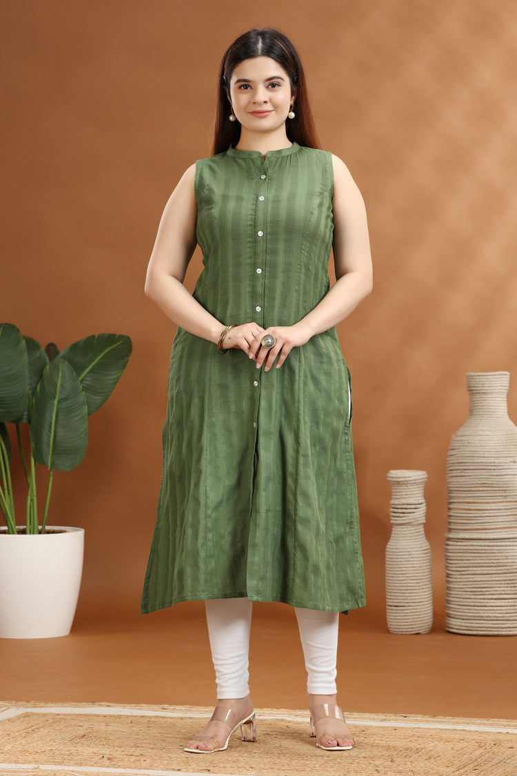 Green Cotton A Line Sleeveless Kurta