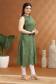 Green Cotton A Line Sleeveless Kurta