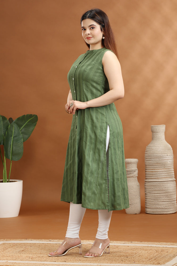 Green Cotton A Line Sleeveless Kurta
