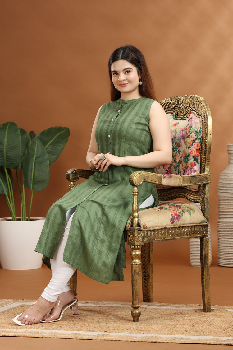 Green Cotton A Line Sleeveless Kurta