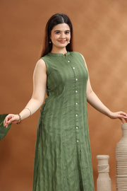 Green Cotton A Line Sleeveless Kurta