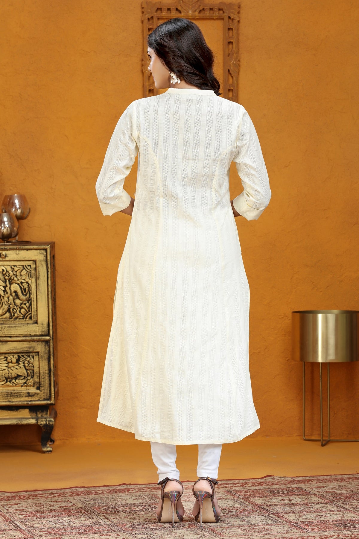 Cream Cotton A Line Solid Kurta