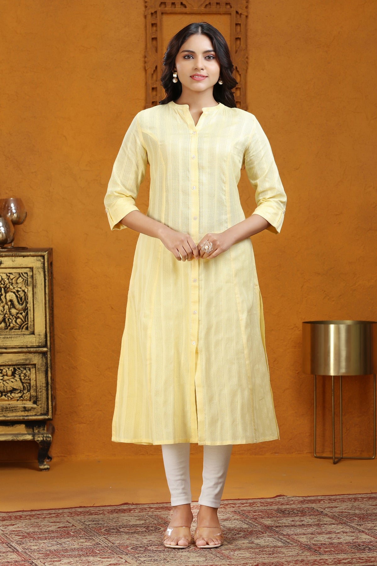 Yellow Cotton A Line Solid Kurta