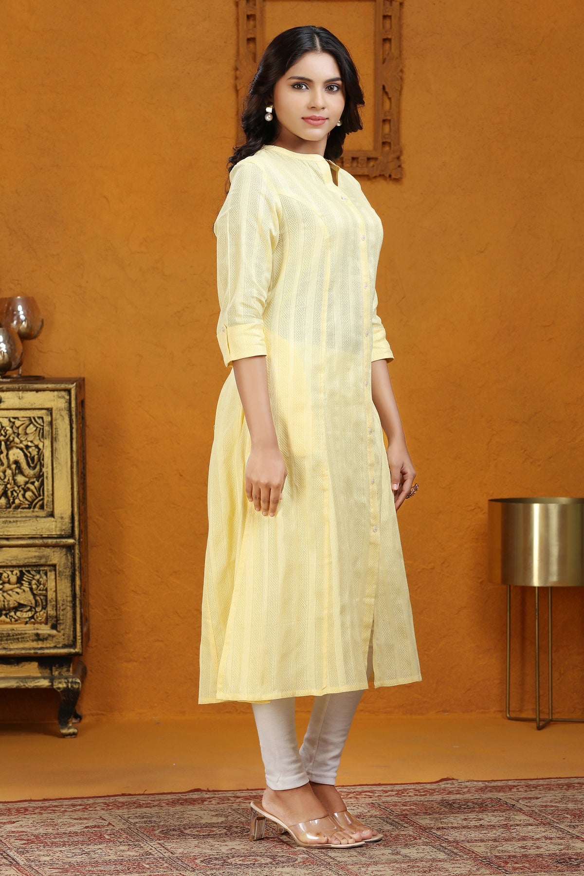 Yellow Cotton A Line Solid Kurta
