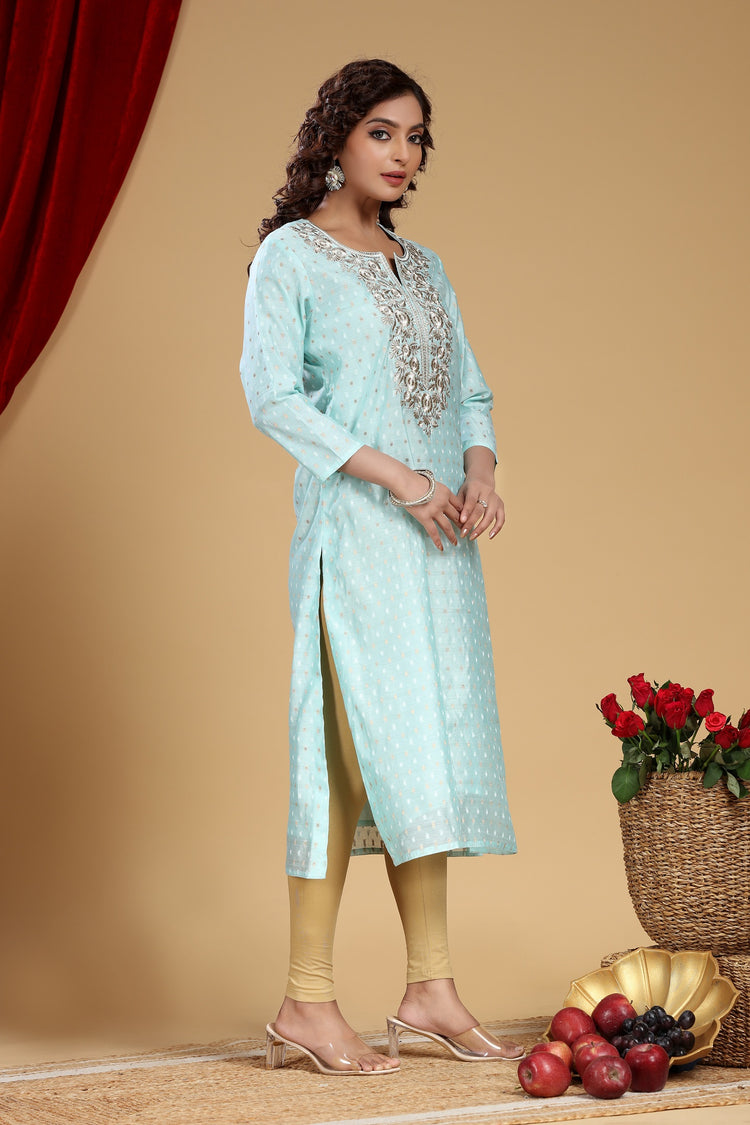 Mint Green Chanderi Straight Embroidered Kurta