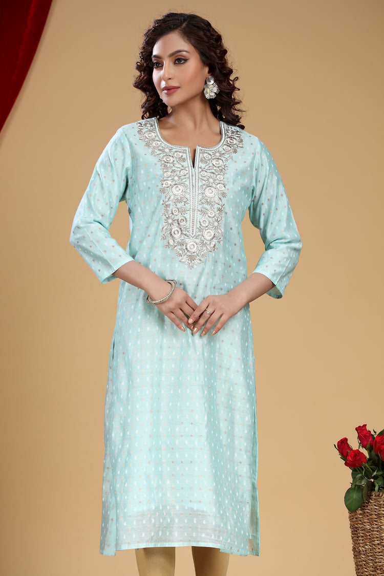 Mint Green Chanderi Straight Embroidered Kurta