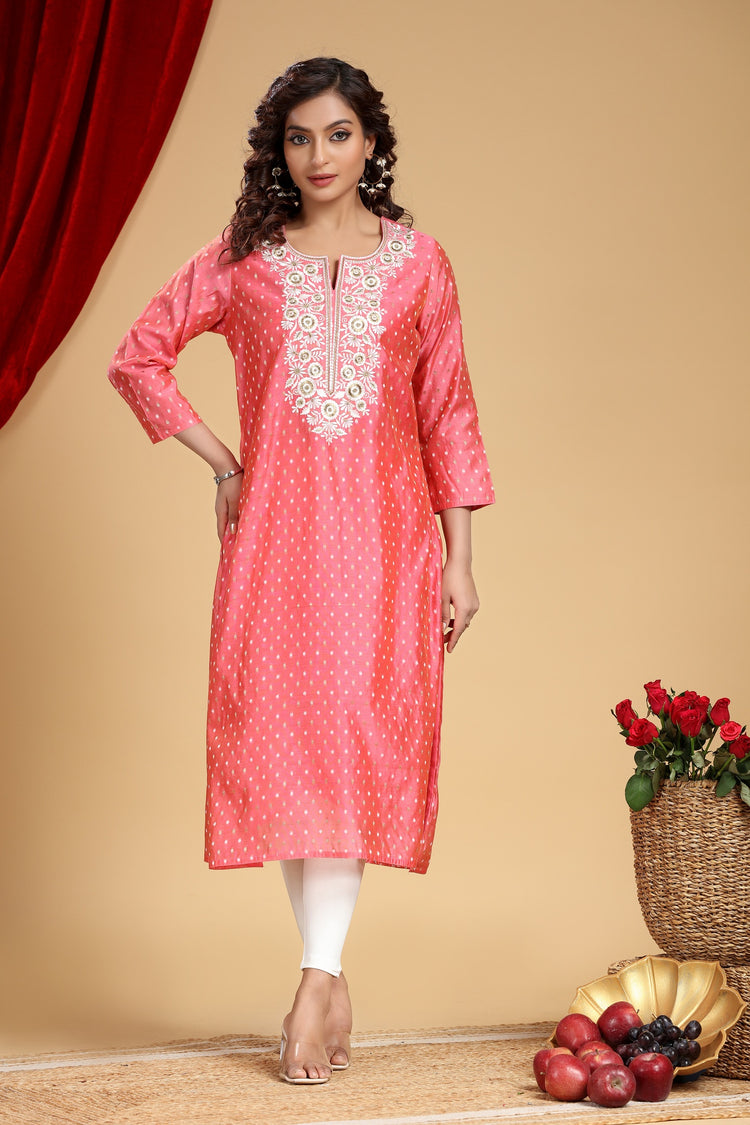Baby Pink Chanderi Straight Embroidered Kurta