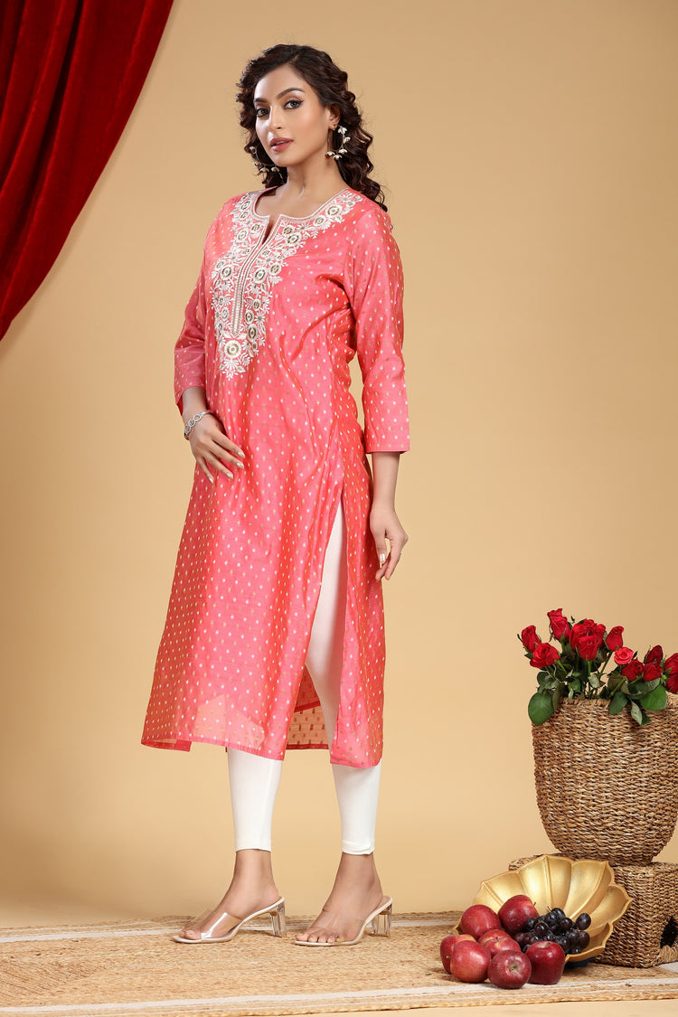 Baby Pink Chanderi Straight Embroidered Kurta