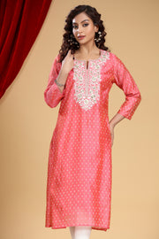 Baby Pink Chanderi Straight Embroidered Kurta