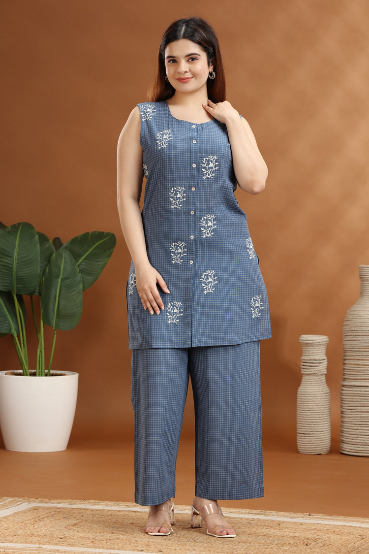 Indigo Handloom Cotton A Line Embroidered Kurta and Pant Set