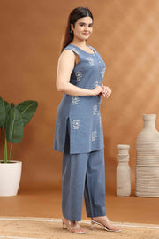 Indigo Handloom Cotton A Line Embroidered Kurta and Pant Set