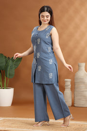 Indigo Handloom Cotton A Line Embroidered Kurta and Pant Set