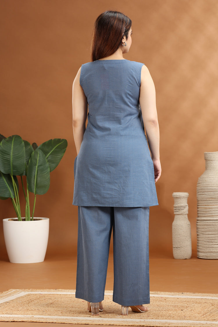 Indigo Handloom Cotton A Line Embroidered Kurta and Pant Set