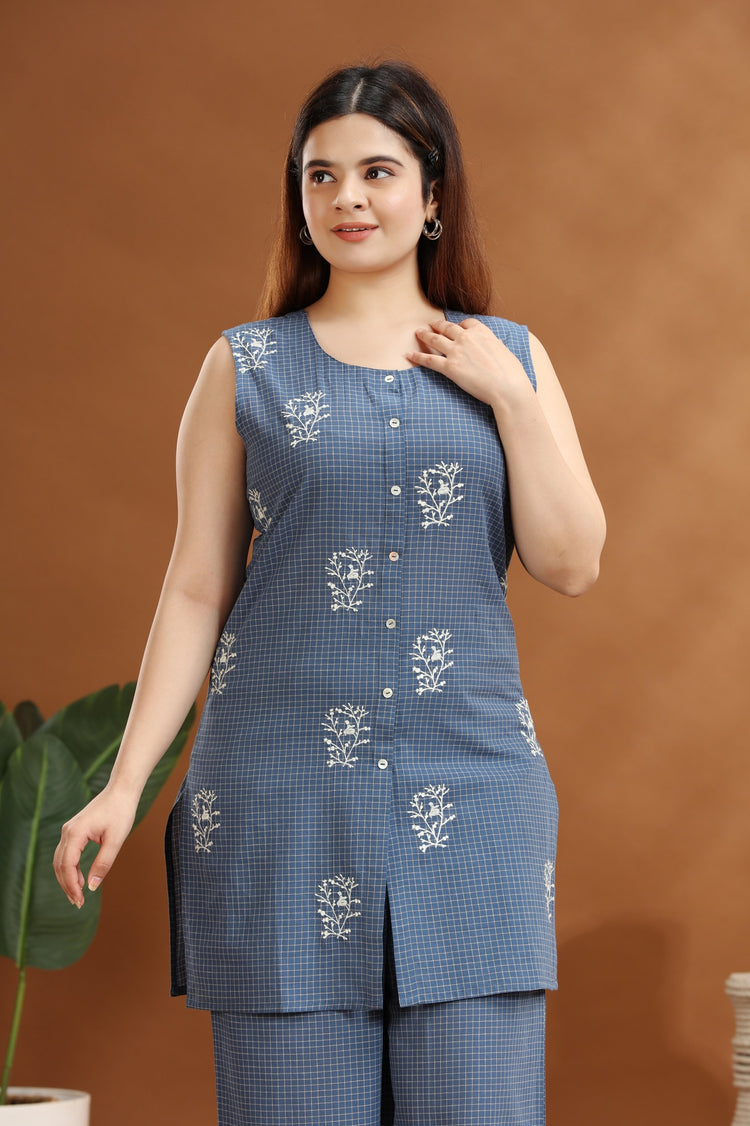 Indigo Handloom Cotton A Line Embroidered Kurta and Pant Set