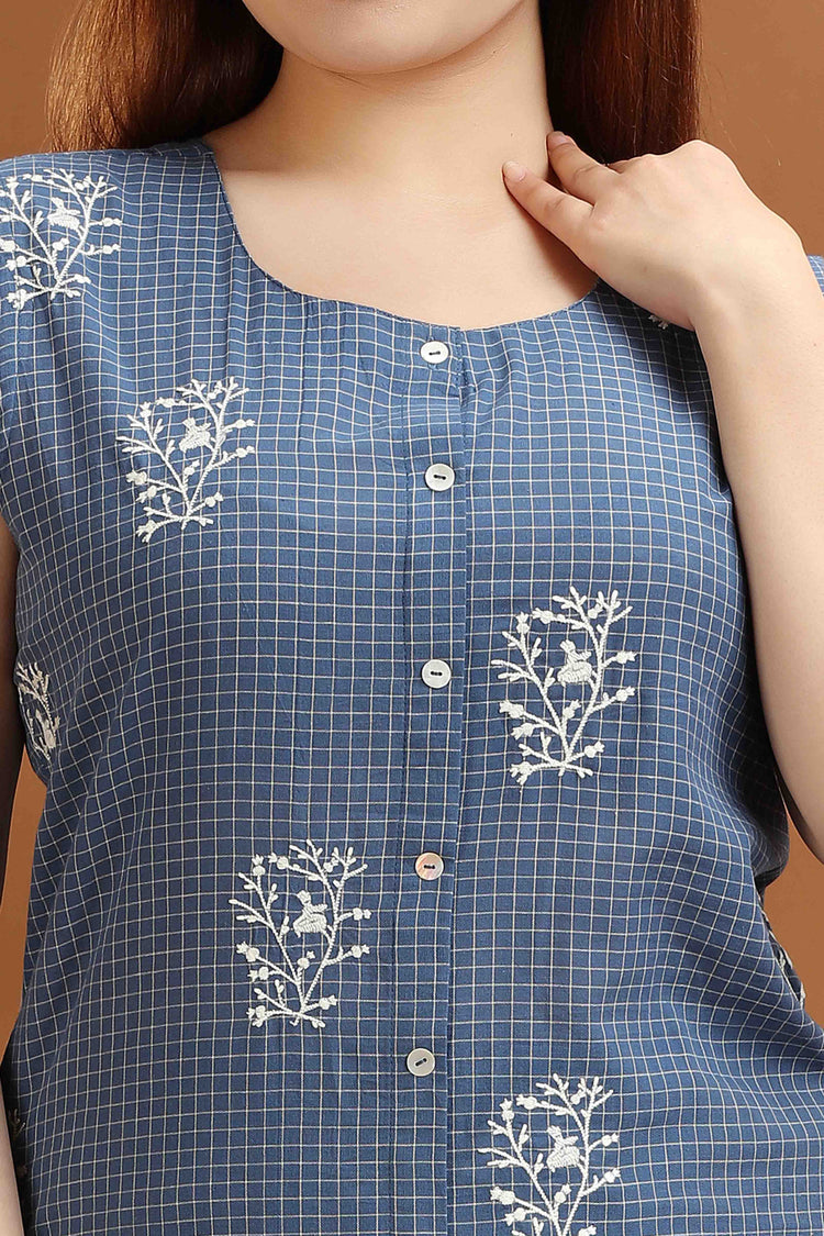 Indigo Handloom Cotton A Line Embroidered Kurta and Pant Set