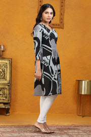 Black & Gray Slub Cotton Gathered Printed Kurta