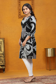Black & Gray Slub Cotton Gathered Printed Kurta