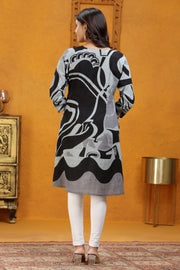Black & Gray Slub Cotton Gathered Printed Kurta